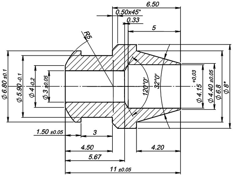 Конструктивная схема ниппеля инжектора к горелке серии 140, 150 (диаметр 4мм)