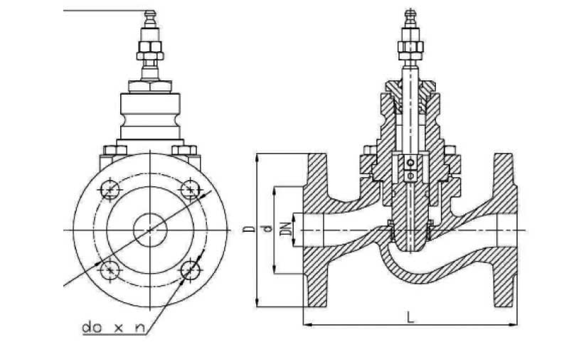 Габаритная схема клапана регулирующего фланцевого с электроприводом ZETKAMA 227A
