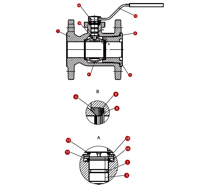 Конструктивная схема крана шарового фланцевого ZETKAMA 565A