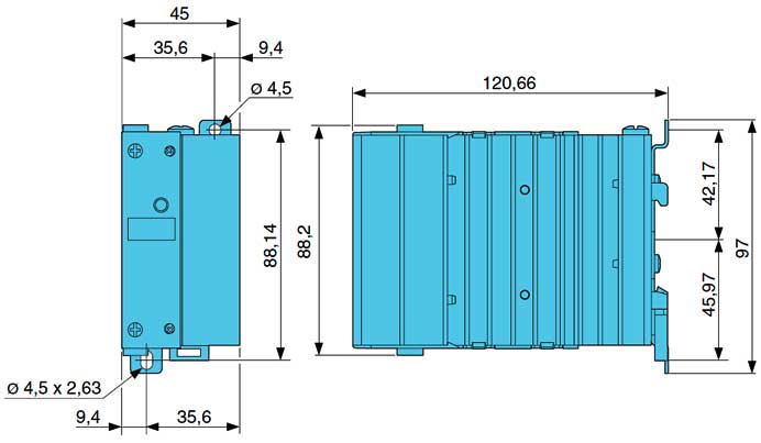 Габаритная схема твердотельных реле 35А, 45А однофазных (со встроенным радиатором)